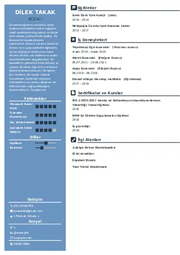 Eczacı CV Örnekleri cv indir